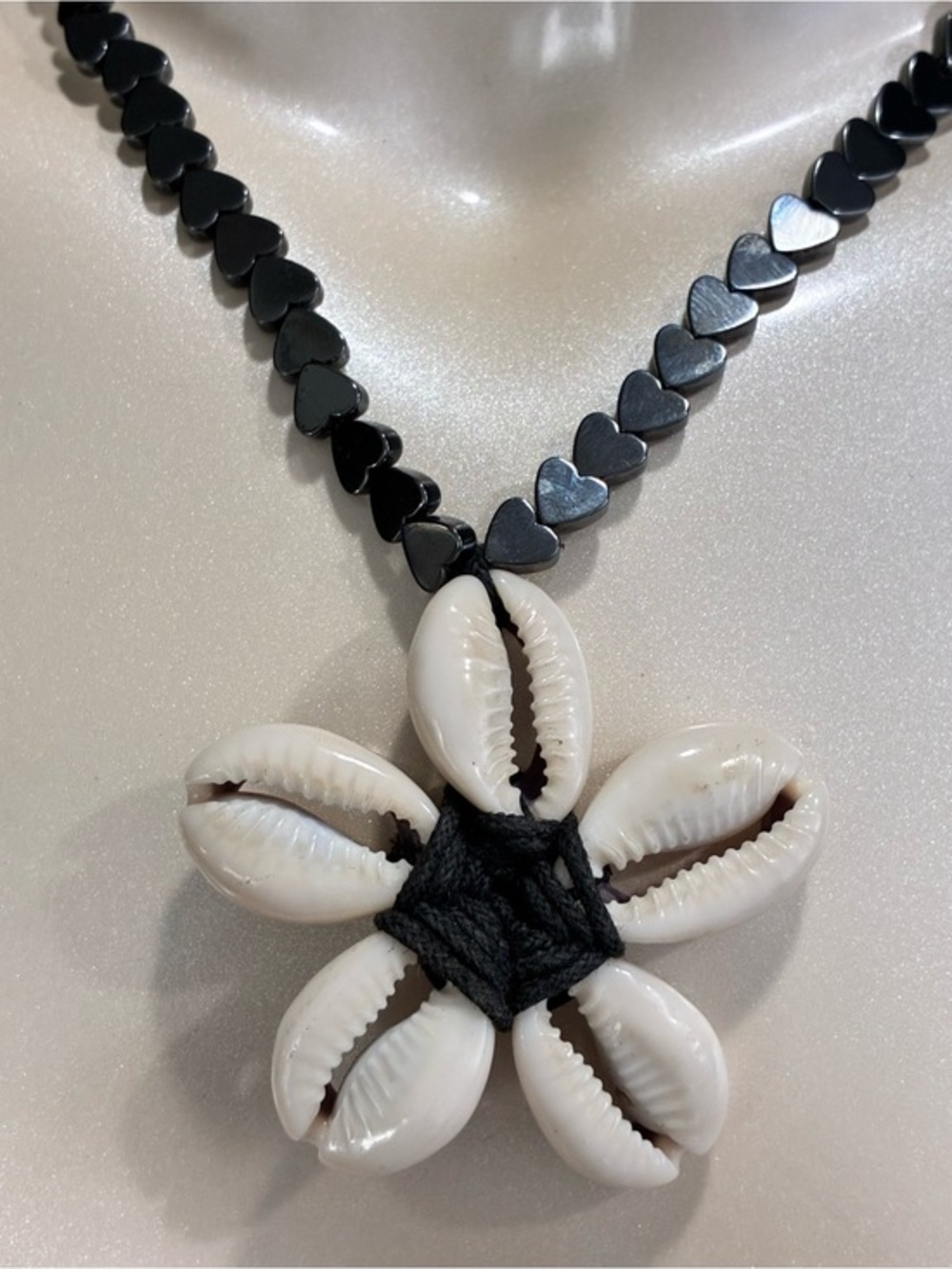 Hematite Hippie Heart Beaded Necklace with White Cowrie Shell Flower Pendant